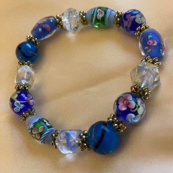 Blue Light Blue Clear Pink Flower Glass Bead Silver Bead Bracelet - Picture 1 of 8